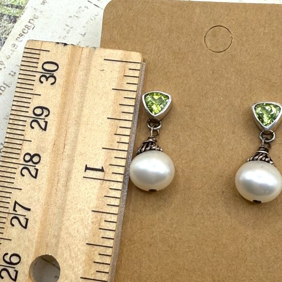 Sterling Silver Green Peridot White Pearl Drop Earrings 925 Pierced Posts - Picture 4 of 9